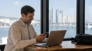 Traveller sharing phone data with a laptop in Busan
