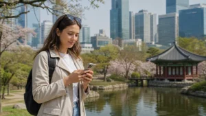 Traveller configuring an iPhone in a Seoul park