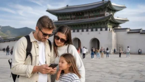Family checking mobile directions near a Seoul palace