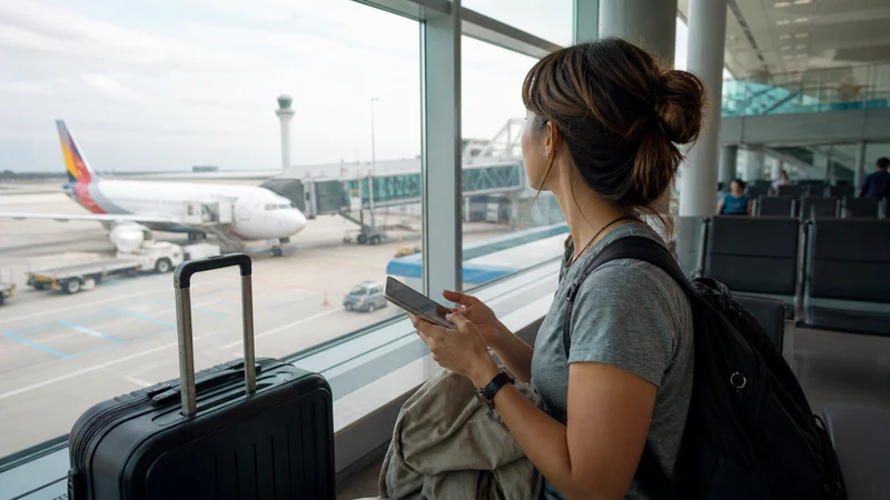 Traveller preparing mobile data for a flight to Jeju