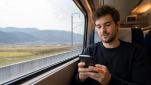 Traveller using a smartphone aboard a South Korean high-speed train