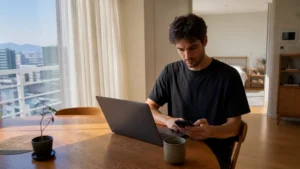 Long-stay traveller working online in a Korean apartment