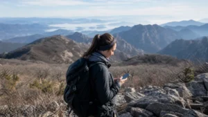 Hiker checking mobile data in a remote South Korean mountain area