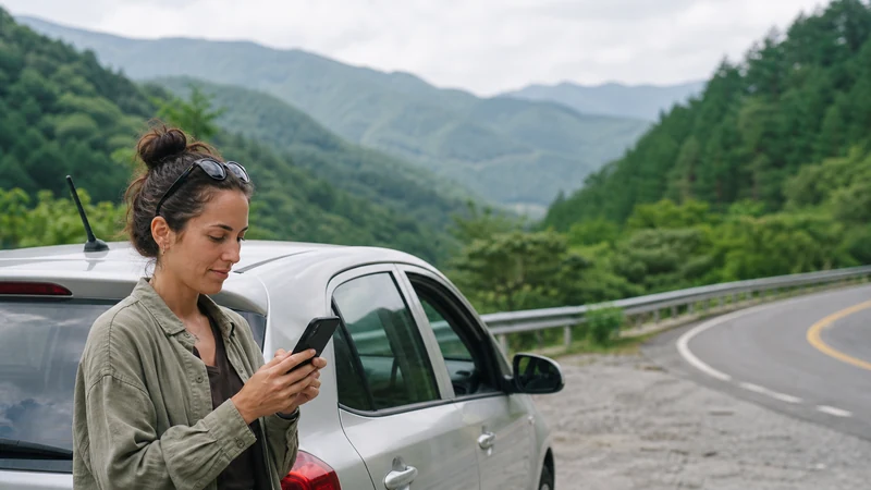 Traveller checking mobile data beside a car on a Korean mountain road