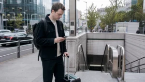 Short-trip traveller checking mobile data in Seoul