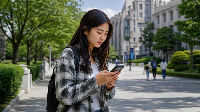 International student using a smartphone on a Korean campus