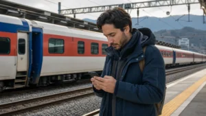 Traveller using a smartphone on a South Korean railway platform