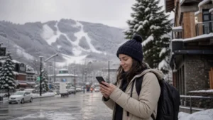 Traveller using mobile data at a snowy Korean resort