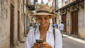 Traveller using mobile internet in Stone Town, Zanzibar