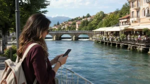 Traveller using a smartphone during mobile internet in struga in North Macedonia.