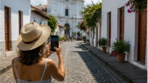 Traveller using a smartphone in El Salvador while researching mobile internet in suchitoto: a traveller guide