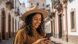 Traveller using a smartphone in Bolivia while researching mobile internet in sucre: a traveller guide