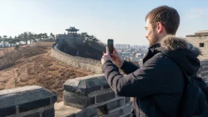 Traveller using a smartphone at Suwon Hwaseong Fortress