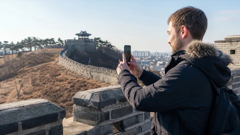 Traveller using a smartphone at Suwon Hwaseong Fortress