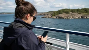 Traveller using a smartphone while preparing for mobile internet on sweden’s archipelago ferries