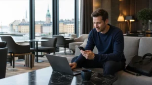 Traveller using a smartphone while preparing for reliable internet for business travel in sweden