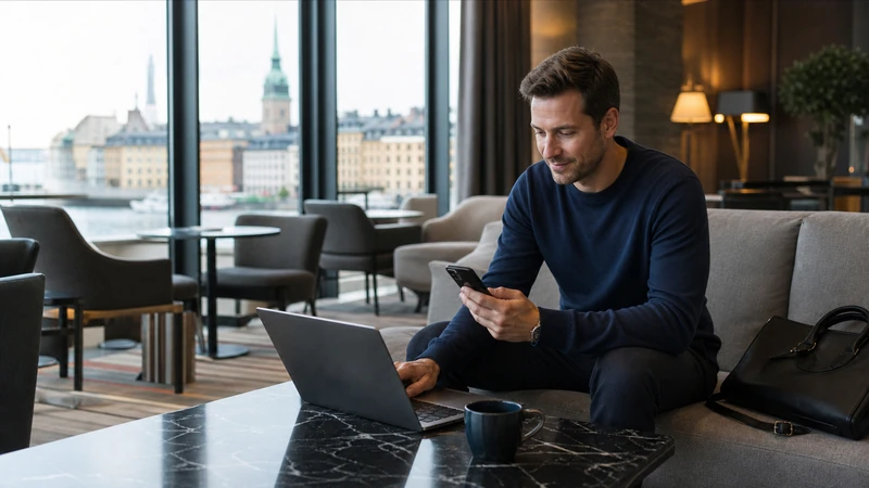 Traveller using a smartphone while preparing for reliable internet for business travel in sweden