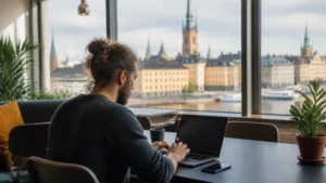Traveller using a smartphone while preparing for sweden internet guide for digital nomads
