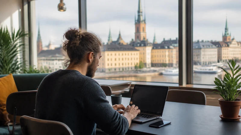 Traveller using a smartphone while preparing for sweden internet guide for digital nomads