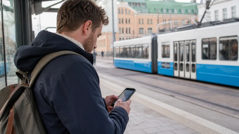 Traveller using a smartphone while preparing for how to use a sweden esim on android