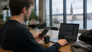 Traveller using a smartphone while preparing for can you use a hotspot with a sweden esim