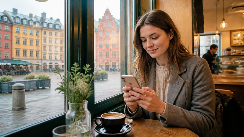 Traveller using a smartphone while preparing for how to use a sweden esim on iphone