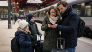 Traveller using a smartphone while preparing for mobile internet for a family trip to sweden