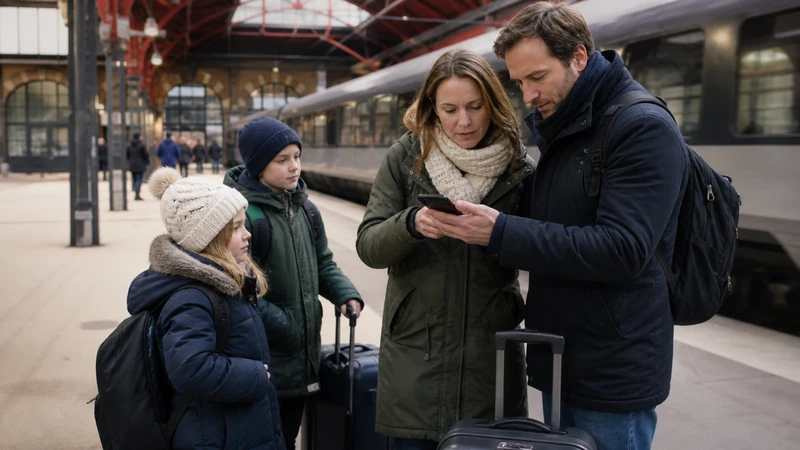 Traveller using a smartphone while preparing for mobile internet for a family trip to sweden