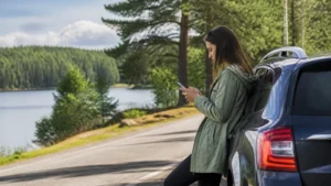 Traveller using a smartphone while preparing for mobile internet for a sweden road trip