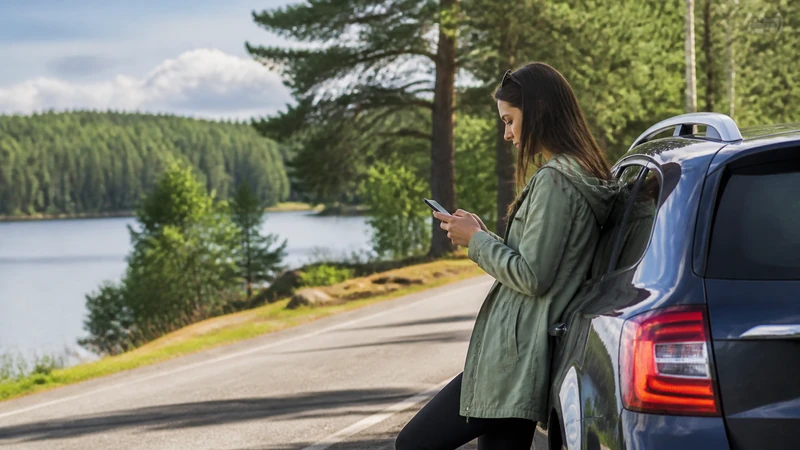 Traveller using a smartphone while preparing for mobile internet for a sweden road trip