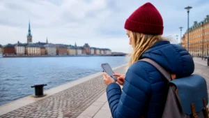 Traveller using a smartphone while preparing for staying connected on a solo trip to sweden