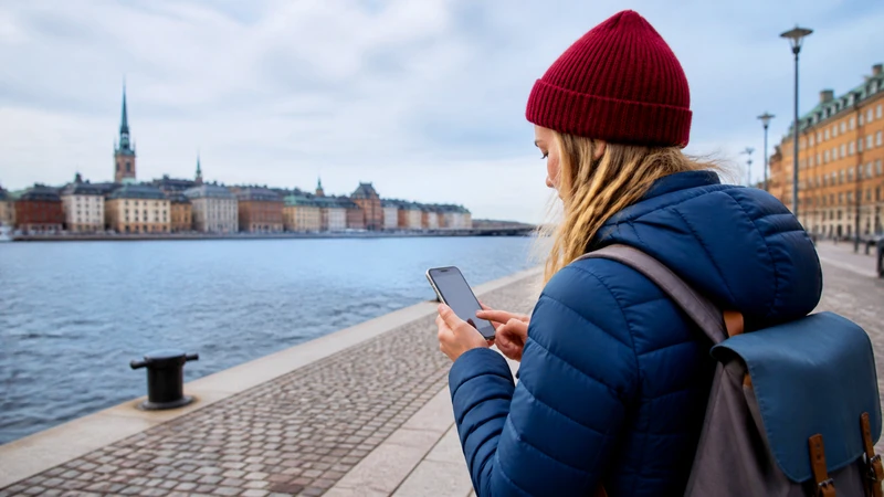 Traveller using a smartphone while preparing for staying connected on a solo trip to sweden