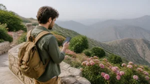 Traveller checking a smartphone at a rose-lined mountain viewpoint in Taif.