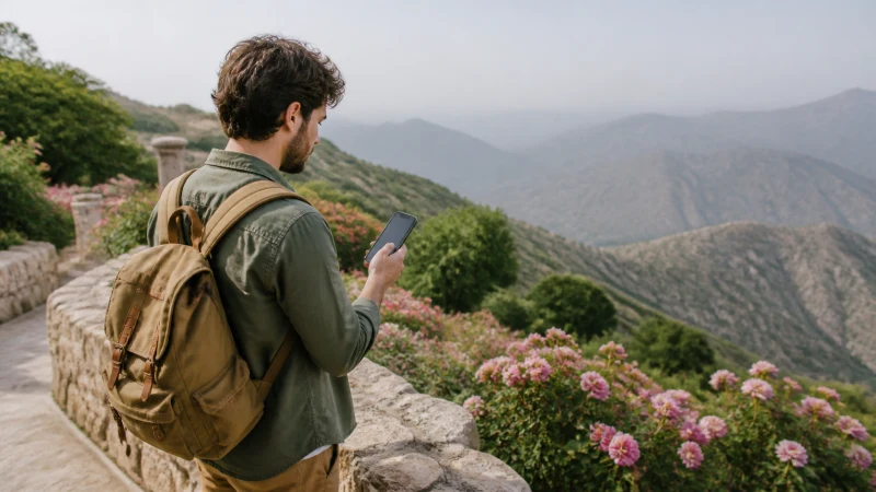 Traveller checking a smartphone at a rose-lined mountain viewpoint in Taif.