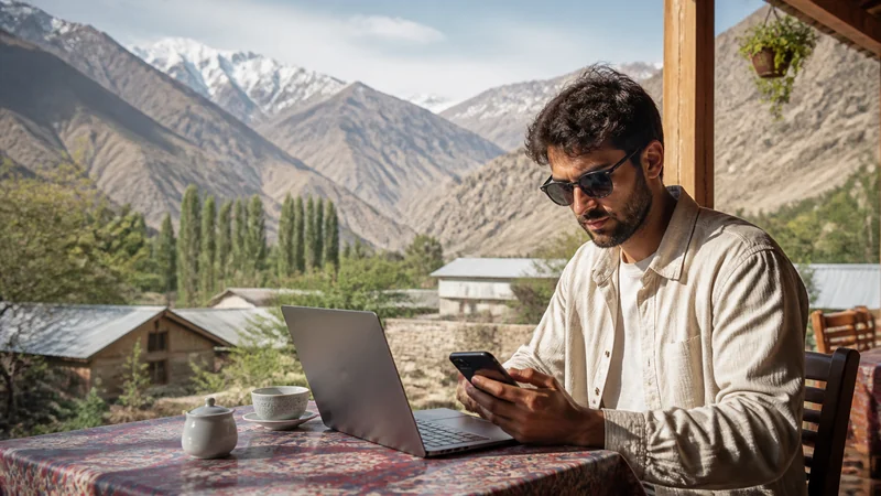 Traveller using a smartphone for tajikistan digital nomad internet: work connectivity guide