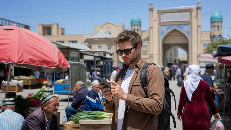 Traveller configuring an Android phone near Panjshanbe Bazaar