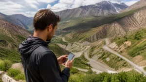 Traveller reviewing mobile coverage above a Tajik valley