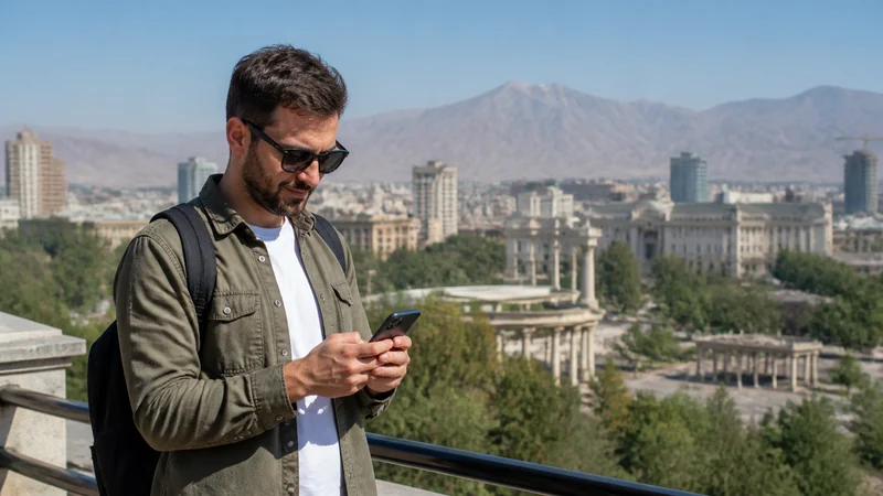 Traveller configuring a smartphone in Dushanbe