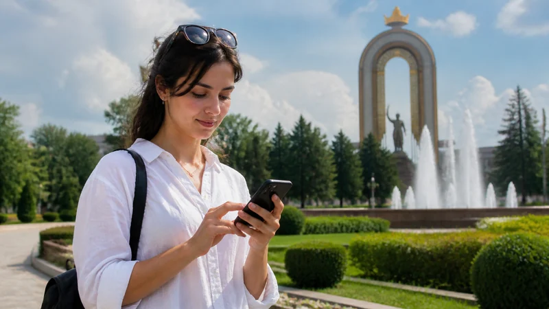 Traveller configuring an iPhone in a Dushanbe park