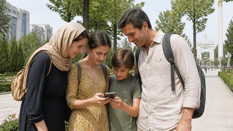 Traveller using a smartphone for tajikistan family travel internet: data and safety planning