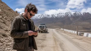 Traveller using a smartphone for tajikistan–kyrgyzstan border mobile internet and esim guide