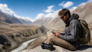 Traveller using a smartphone for tajikistan photography trip internet: data and backup