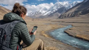 Traveller using a smartphone for mobile internet in remote tajikistan: coverage and safety guide