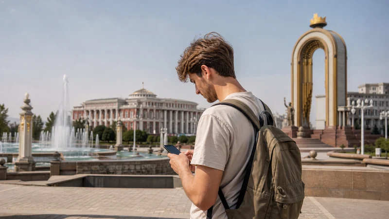 Traveller using a smartphone for tajikistan short-trip mobile data: weekend esim guide