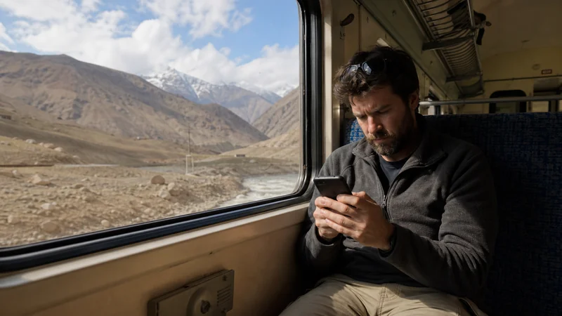 Traveller using a smartphone for internet on tajikistan trains: esim and offline travel guide