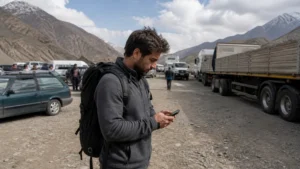 Traveller using a smartphone for tajikistan–uzbekistan border mobile internet and esim guide