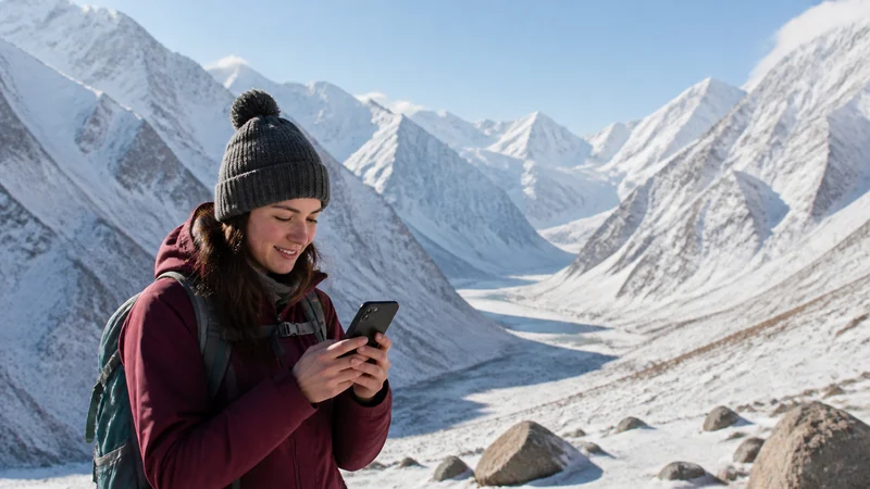 Traveller using a smartphone for tajikistan winter travel internet: seasonal esim guide