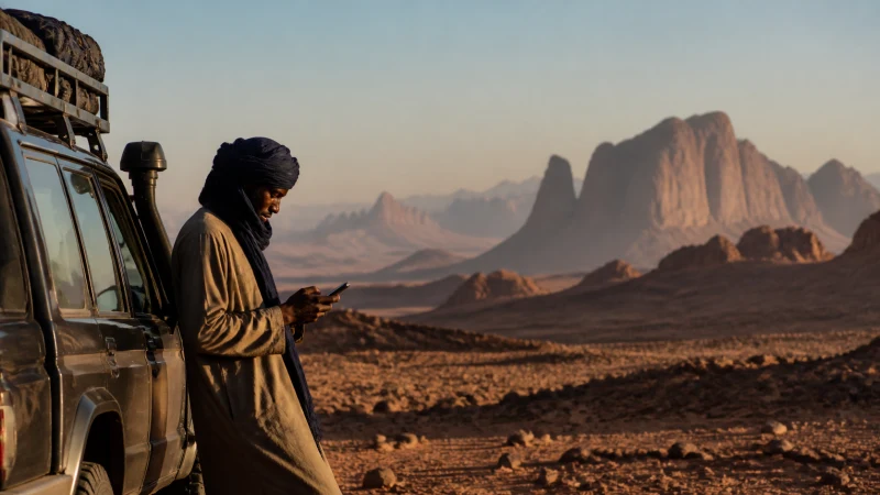Traveller using mobile internet in Tamanrasset Algeria