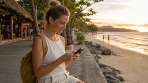 Traveller using a smartphone in Costa Rica for using mobile internet while staying in tamarindo