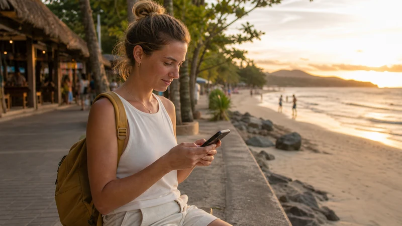 Traveller using a smartphone in Costa Rica for using mobile internet while staying in tamarindo